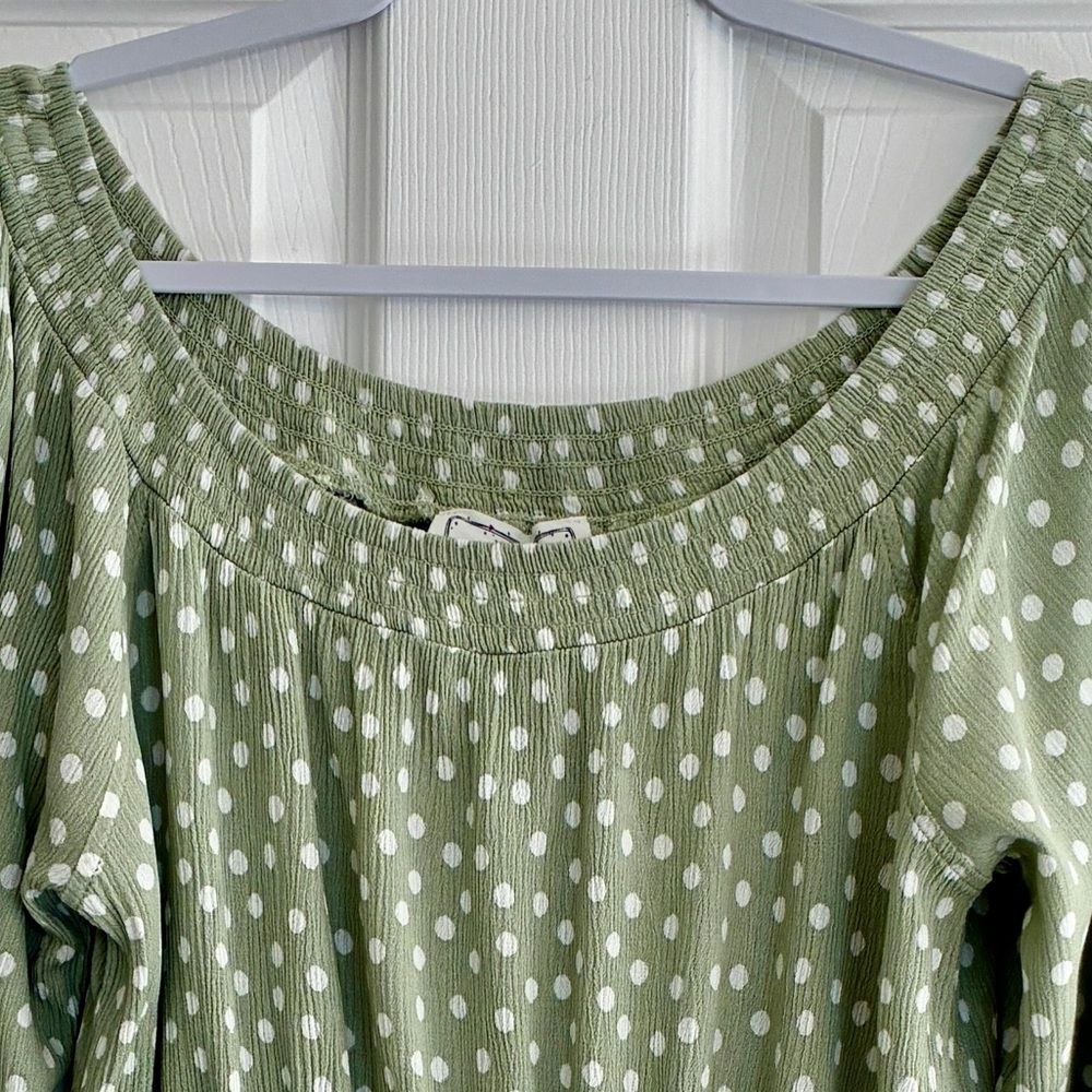 Hippie Rose Top XL Green Polka Dot Peasant  Boho Smocked Babydoll Cottagecore - Picture 4 of 11
